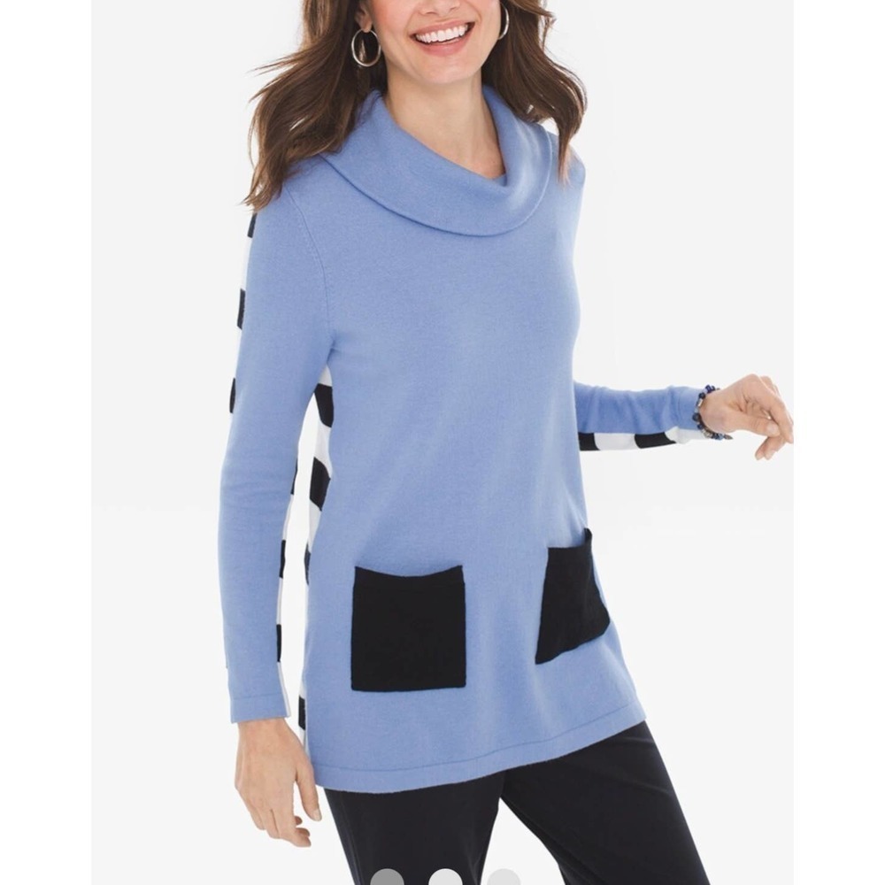 Chicos Zenergy Cowl Neck Sweater Blue Striped Back Cashmere Blend 2P NWT